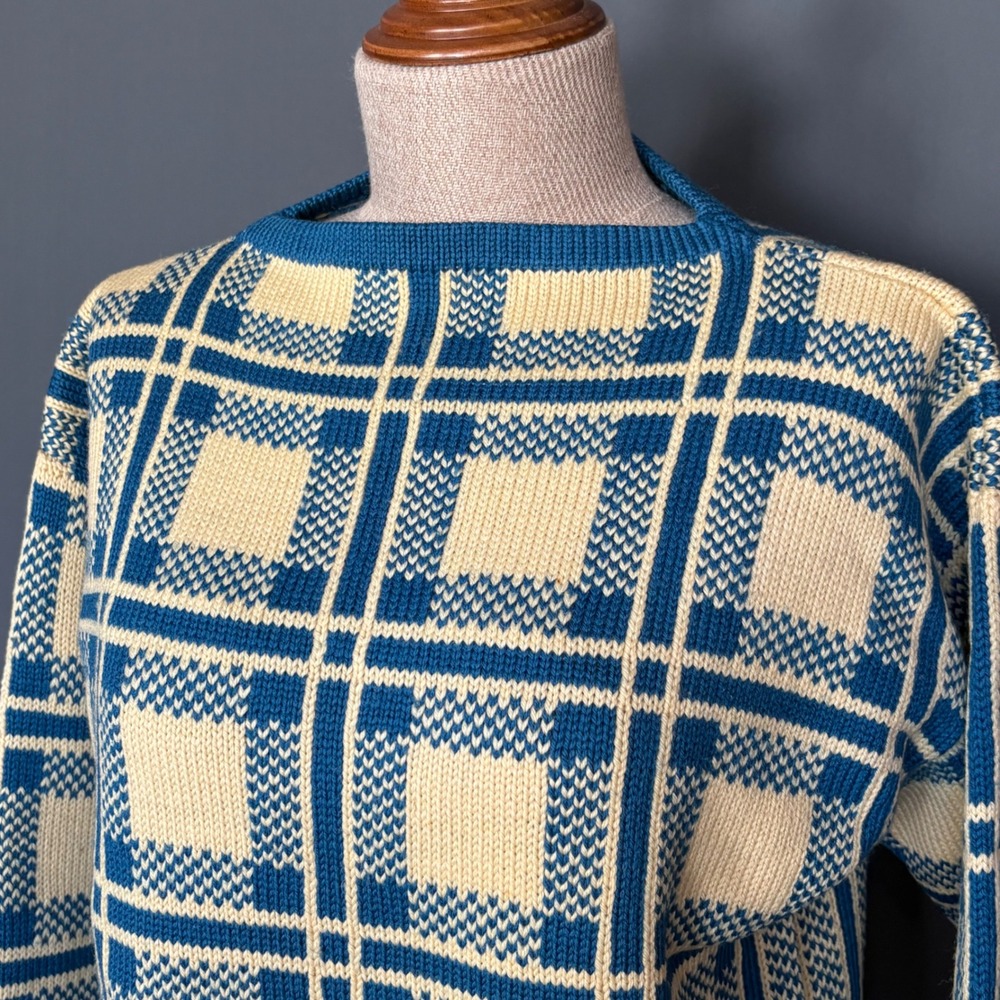 1950s Vintage Hand Knit Wool Sweater | Unisex Medium | Plaid Geometric 1950s